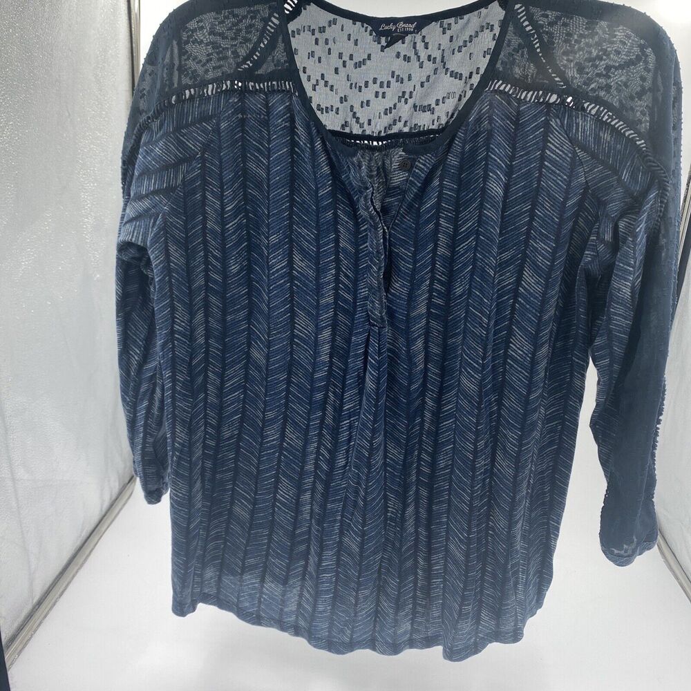 LUCKY BRAND Top Shirt Women's Medium Blue Sheer Detail 3/4 Sleeve